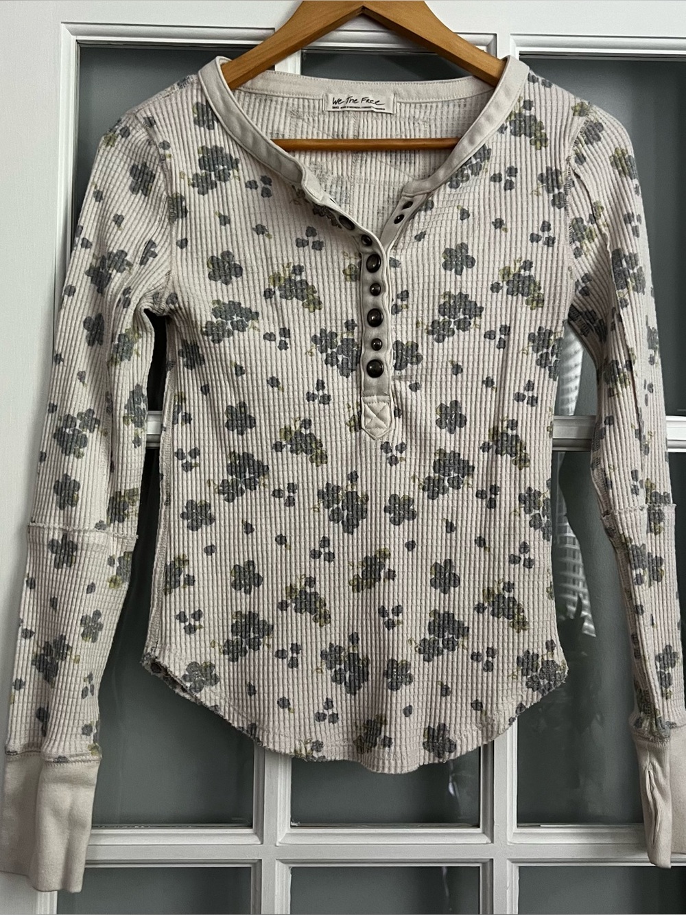 We The Free Cream Floral Ribbed Henley Long Sleeve Tee